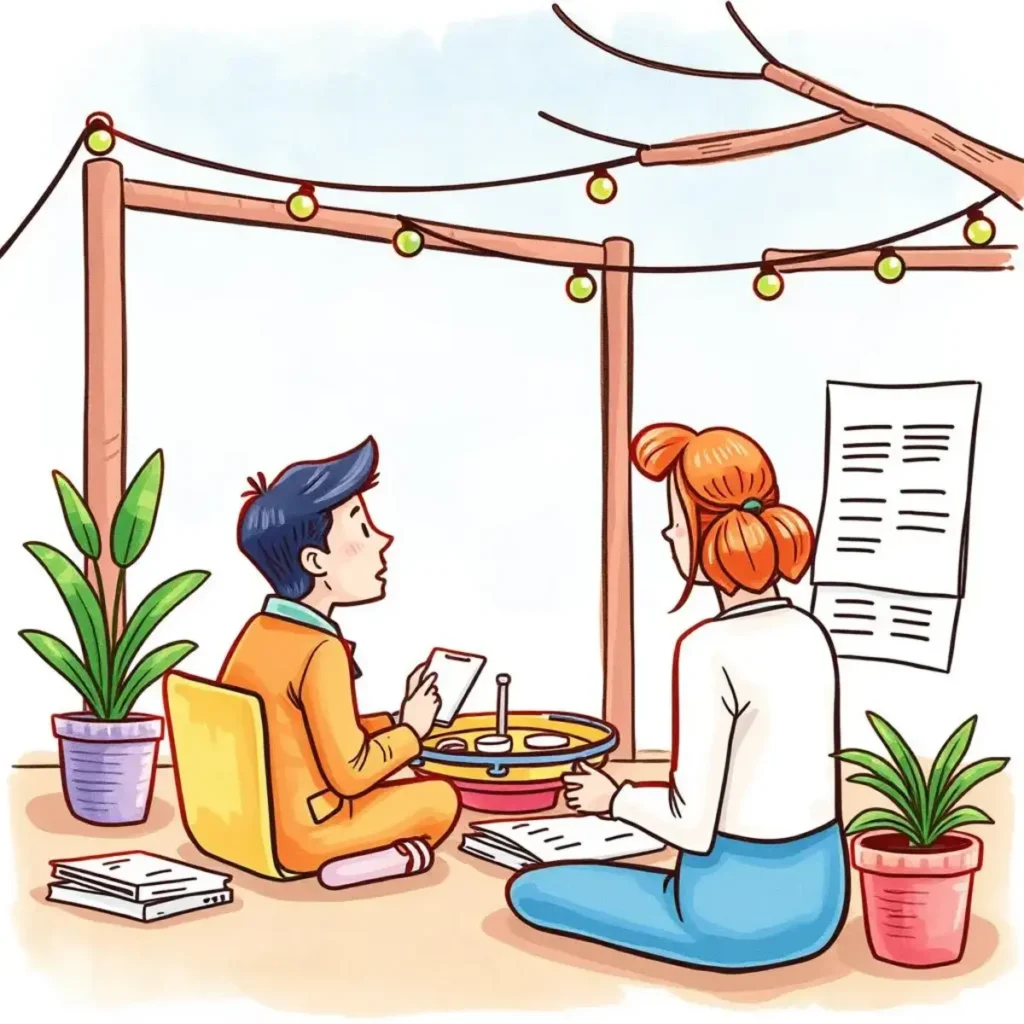 Deductions summary generator: Creates summaries of applicable tax deductions 1 A young man and woman discuss tax deductions, surrounded by plants and notes, highlighting teamwork in tax management.