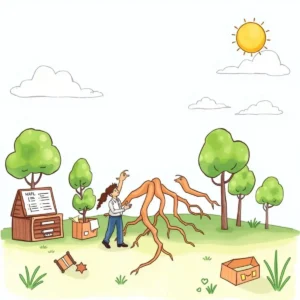 Illustration of a person examining roots, symbolizing root cause analysis.
