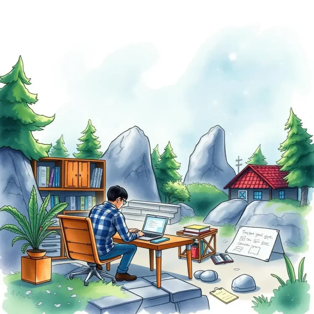 Defect description enhancer: Improve clarity of defect descriptions 1 A person working at a desk in a serene outdoor setting.