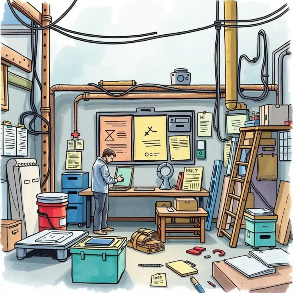 Defect tracking summary: Generate summaries of tracked defects 1 A quality control inspector analyzing defect data in a cluttered workspace.