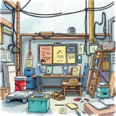 A quality control inspector analyzing defect data in a cluttered workspace.