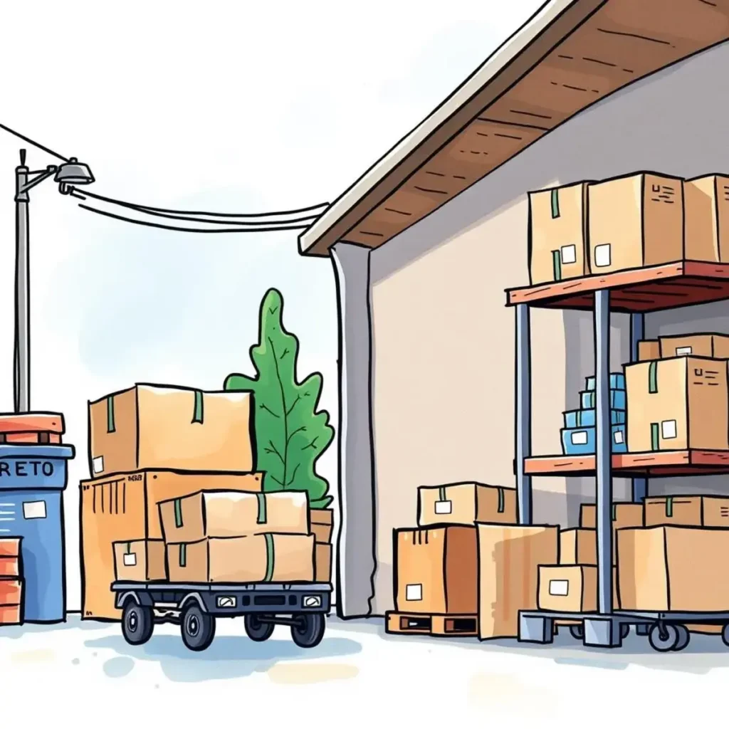 Defective item descriptor: Generate descriptions of defective products 1 Cart of boxes outside a warehouse, symbolizing returns management process.