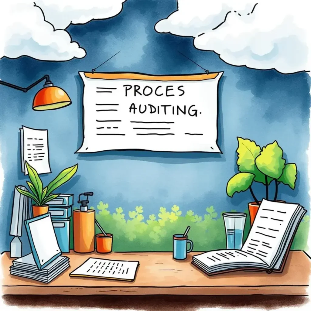 Deficiency description assistant: Craft clear descriptions of deficiencies 1 A well-organized desk with a focus on process auditing, featuring documents and plants