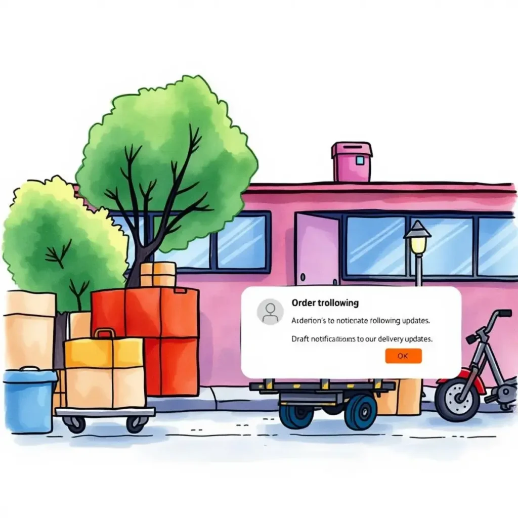 Delivery update message creator: Draft notifications for delivery updates 1 Order tracking notification graphic with delivery updates and tools in a colorful setting