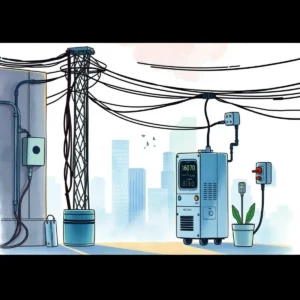 Illustration of energy monitoring equipment in an urban setting.