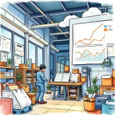 Analyst examining demand reports in a modern production environment.