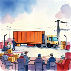Meeting Summary Creator tool visual with logistics team discussing operations around an orange shipping container.