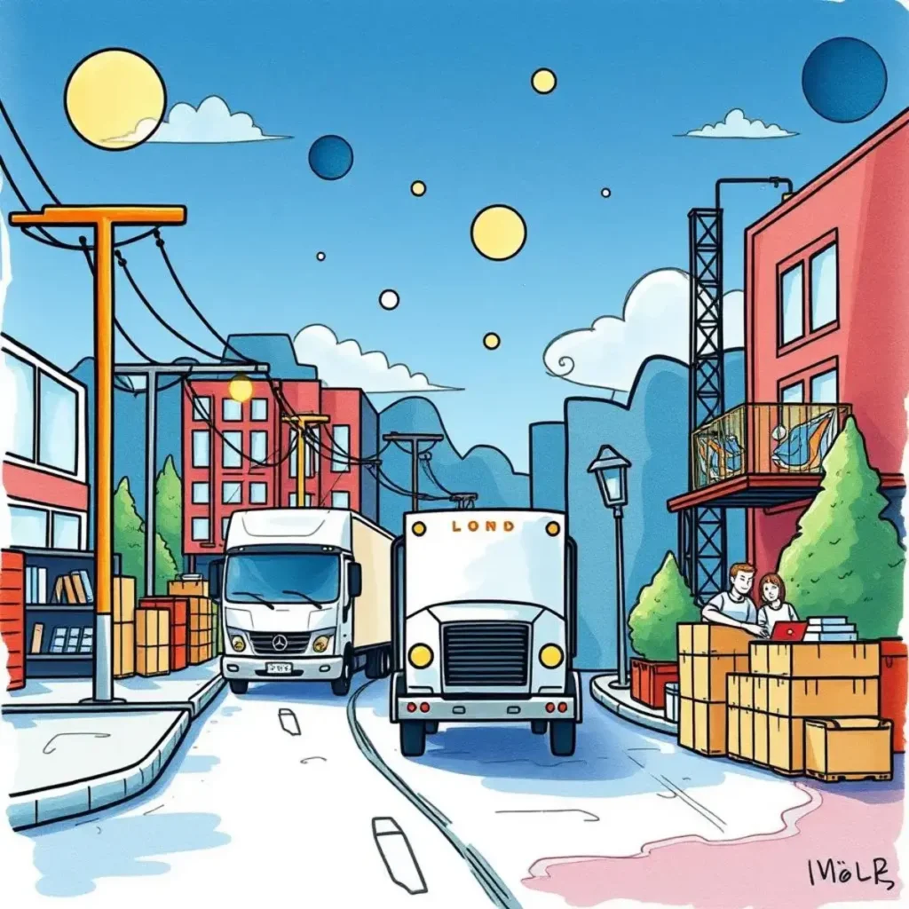 Sales data interpreter: Transform historical sales data into demand insights 1 Colorful illustration of a busy urban area with trucks and boxes.