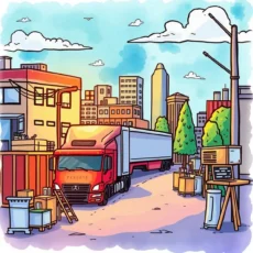 Colorful illustration of a truck in an urban logistics environment.