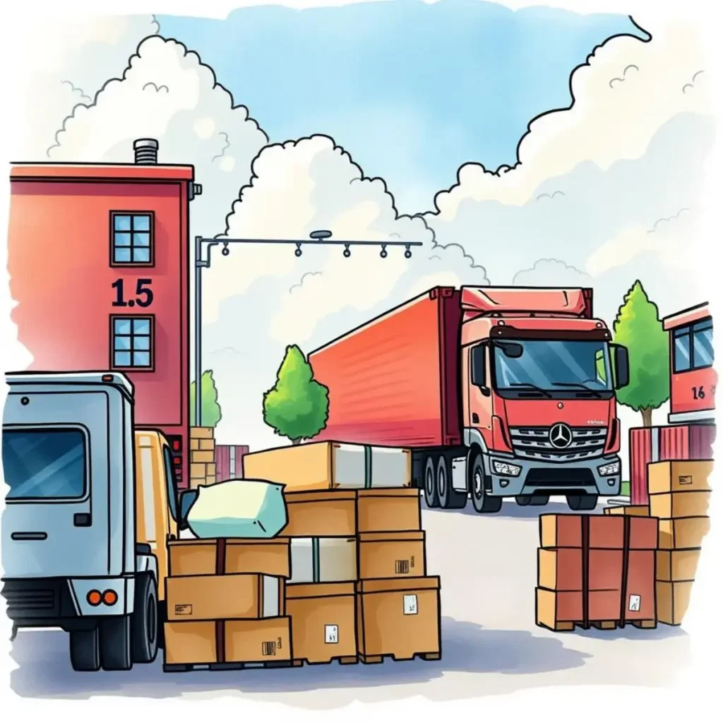 Urgent communication builder: Create concise alerts for immediate stakeholder attention 1 Illustration of a busy logistics hub with trucks and cargo boxes.