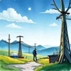 A landscape depicting a worker managing energy infrastructure and compliance.