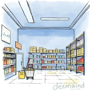 Illustration of a storage room with organized shelves and inventory cart.