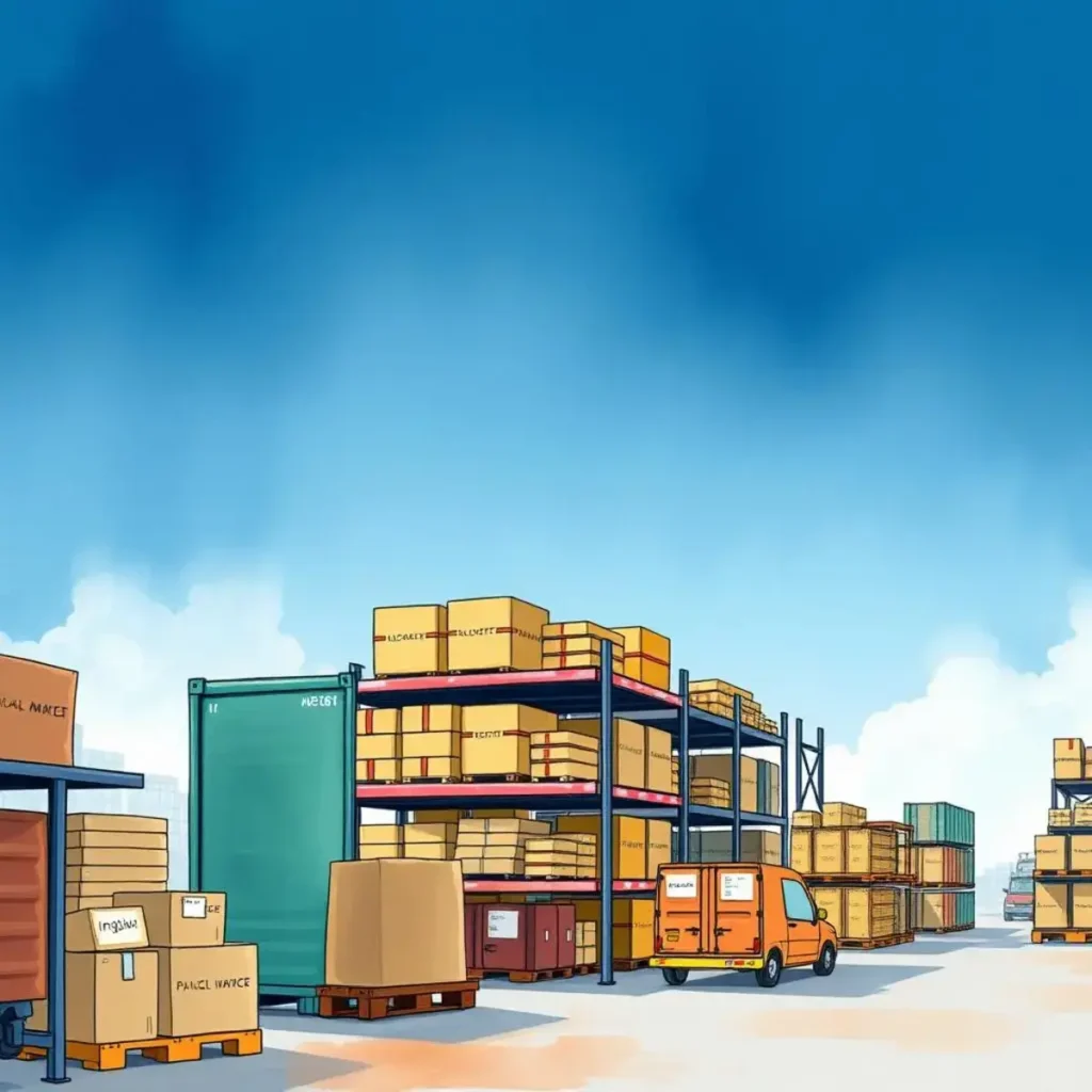 Demand variability estimator: Assess fluctuations in product demand over time 1 Warehouse scene with stacked inventory, showcasing operations and supply chain logistics.