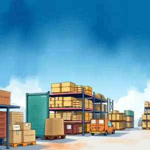 Warehouse scene with stacked inventory, showcasing operations and supply chain logistics.