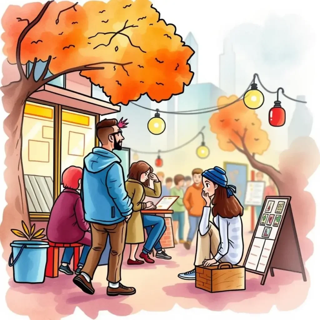 A bustling outdoor scene depicting diverse individuals engaging in conversation and activities