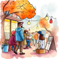 A bustling outdoor scene depicting diverse individuals engaging in conversation and activities