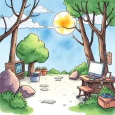 A serene outdoor workspace with a computer and trees.