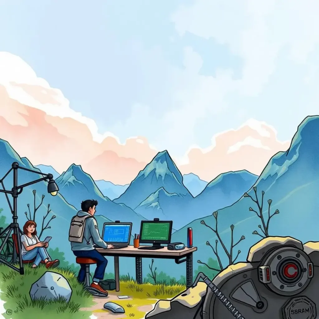 Ai test data generator: Produce realistic test data from input parameters 1 A person working on a computer outdoors with a scenic mountain backdrop, focusing on AI test data generation.