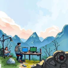A person working on a computer outdoors with a scenic mountain backdrop, focusing on AI test data generation.