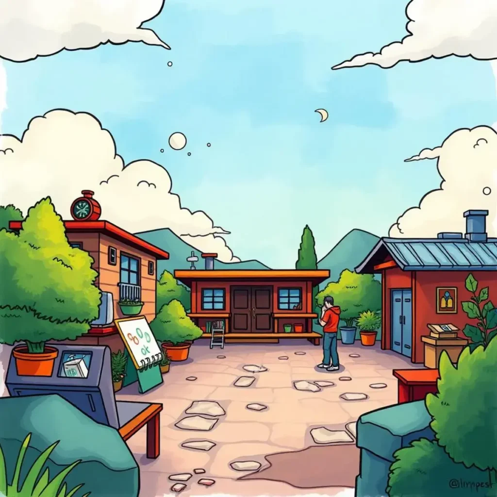 Ai test plan generator: Formulate detailed test plans based on specifications 1 A vibrant illustration of a person standing in a peaceful outdoor setting with greenery and colorful buildings