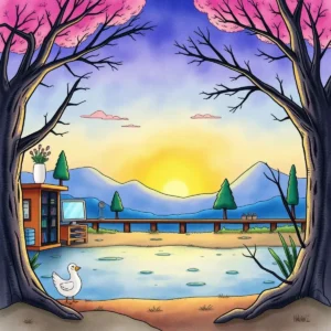 Scenic view of a serene lake at sunset with trees.