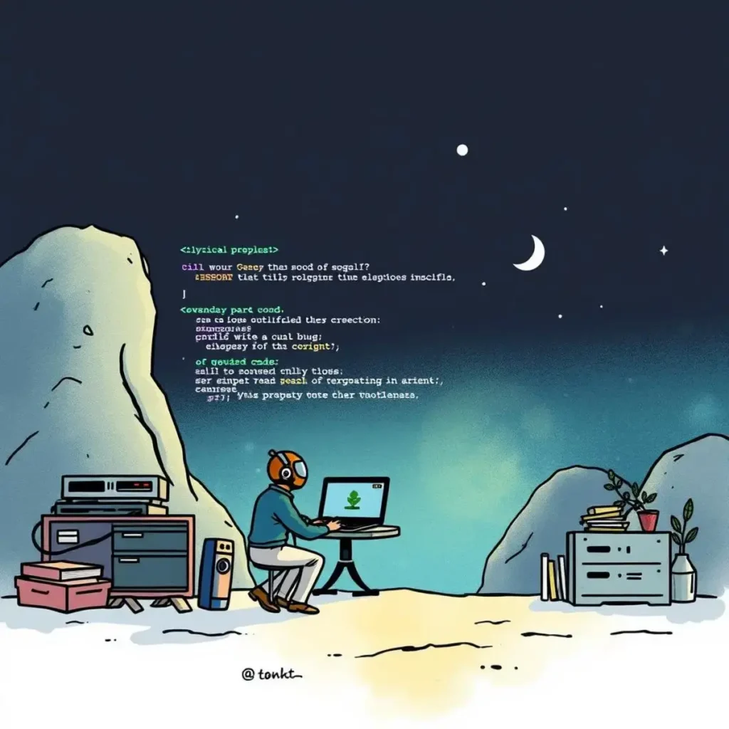 Bug detection assistant: Highlight potential bugs and issues in code snippets 1 A software developer sitting at a computer, analyzing code in a serene night setting.
