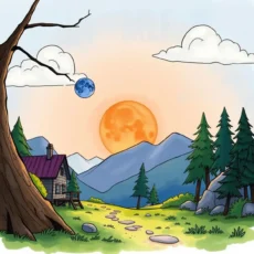 Scenic mountain landscape with a cabin, sunset, and vibrant nature.