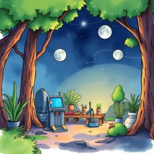 A serene outdoor workspace featuring a futuristic machine, plants, and a starry sky backdrop