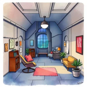 A modern space design illustrating a cozy, functional room layout.