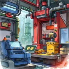 A vibrant engineering workspace showcasing design tools and machinery.