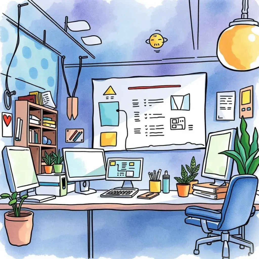 Design prototyping prompt generator: Generate prompts for rapid prototyping ideas 1 Creative workspace showcasing design prototyping tools and brainstorming materials.