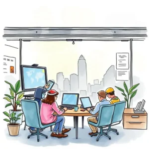 Team collaborating on design presentations in a modern office setting.