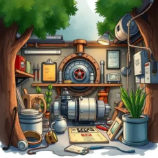 A workspace filled with mechanical design tools, equipment, and plants for engineering tasks