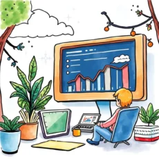 A digital marketing analyst analyzing campaign data on a computer, surrounded by plants and office tools.