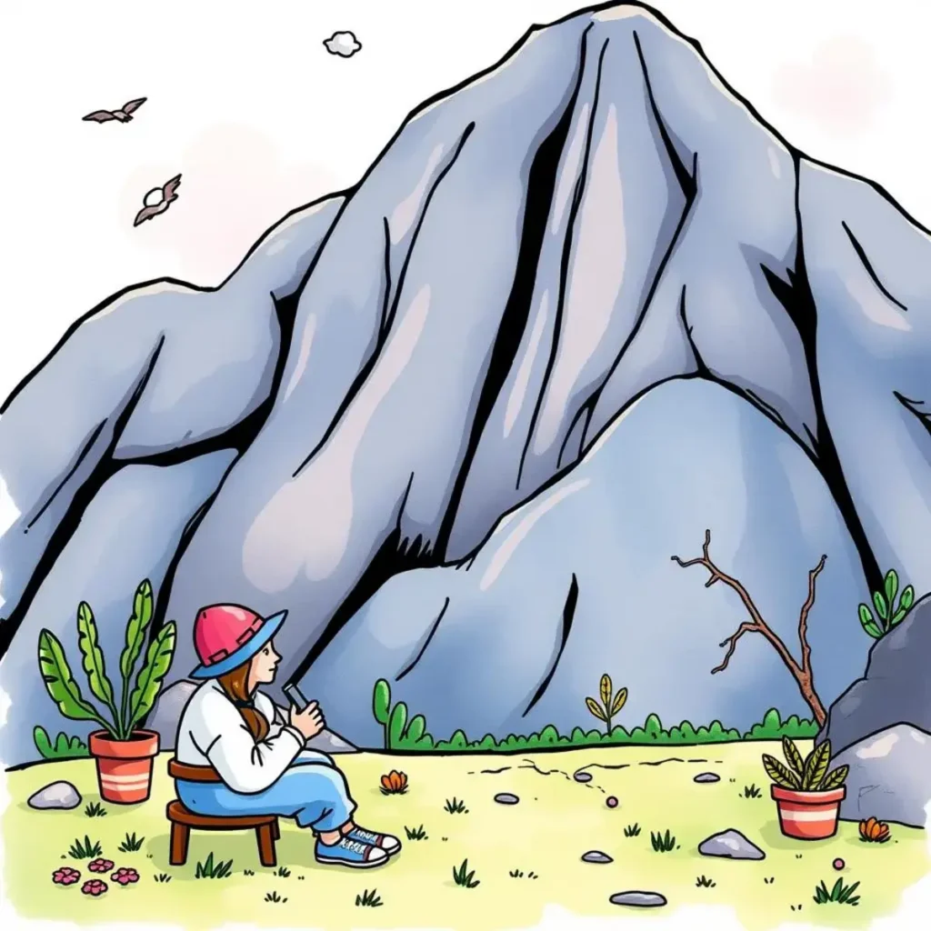 Content performance review: Generate reviews based on content performance data 1 A person sitting on a stool in front of a mountain, engaging with nature in a serene landscape.