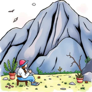 A person sitting on a stool in front of a mountain, engaging with nature in a serene landscape.