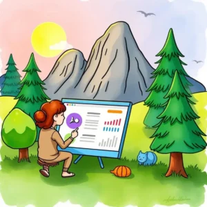 Person analyzing customer feedback data outdoors with mountains in background.