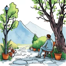 A peaceful outdoor scene featuring a person sitting on a chair among greenery and mountains