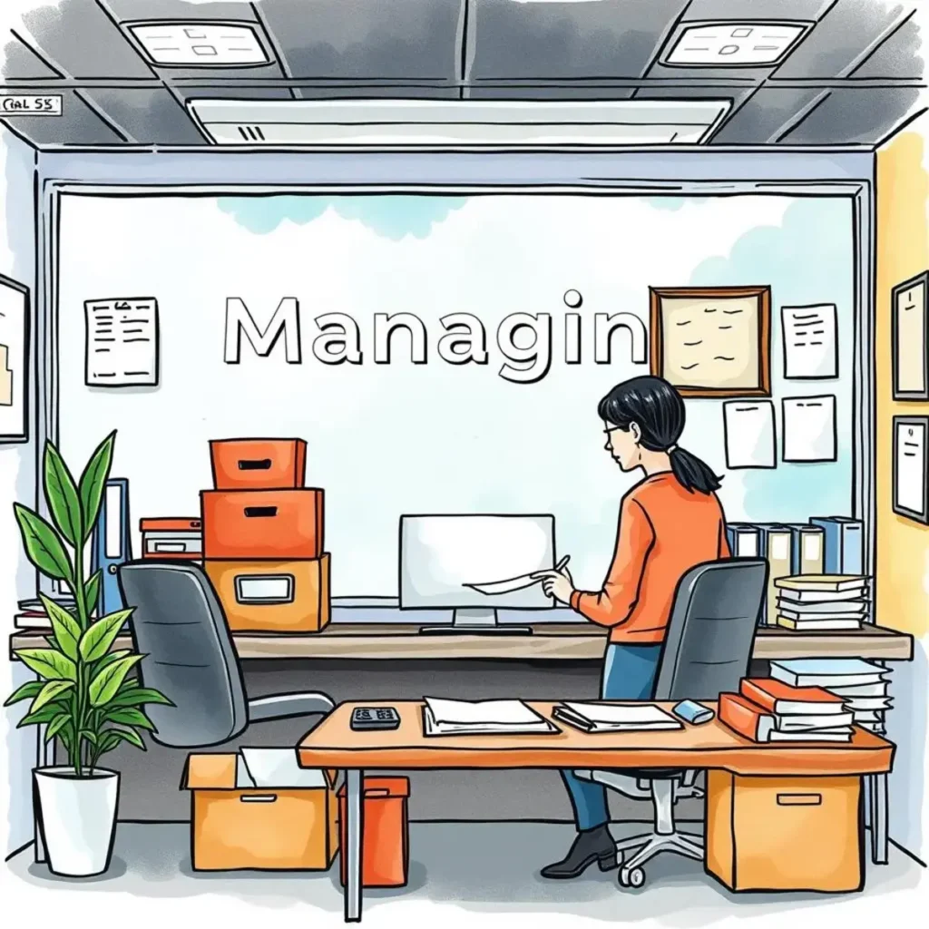 Direct supply order text: Quickly compile text for supply procurement 1 Person in an office managing supplies, surrounded by boxes and paperwork.
