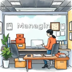 Person in an office managing supplies, surrounded by boxes and paperwork.