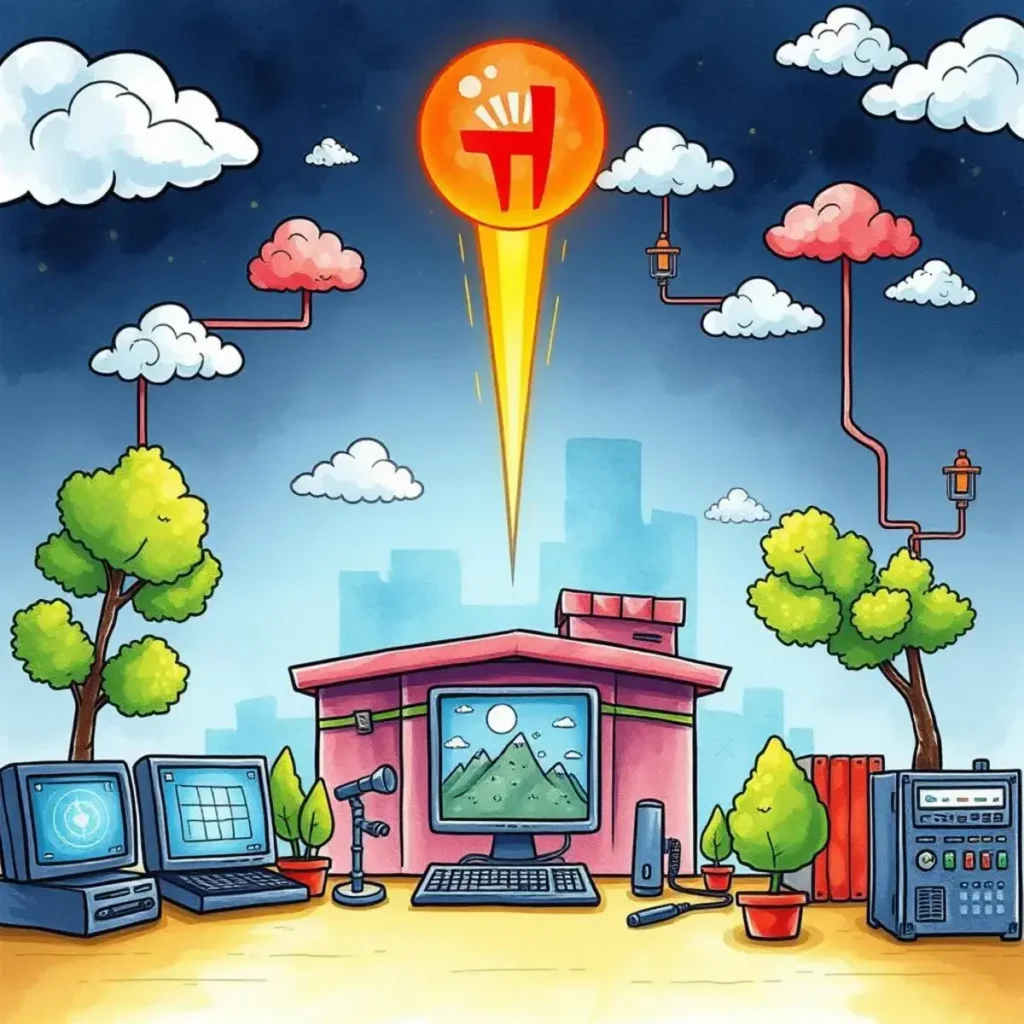 Business continuity test optimizer: Enhance business continuity test effectiveness 1 A vibrant illustration of a computer setup amidst trees and clouds, symbolizing business continuity.