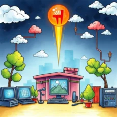 A vibrant illustration of a computer setup amidst trees and clouds, symbolizing business continuity.