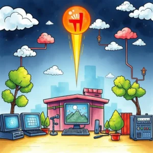 Business continuity test optimizer: Enhance business continuity test effectiveness 3 A vibrant illustration of a computer setup amidst trees and clouds, symbolizing business continuity.