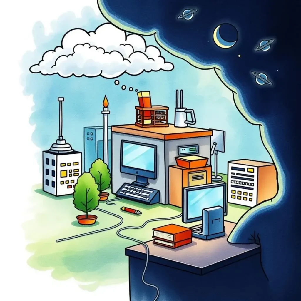 Recovery readiness checker: Assess effectiveness of disaster recovery strategies 1 A vibrant illustration depicting an IT workspace for Disaster Recovery Management services.