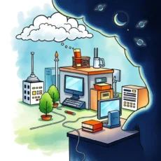 A vibrant illustration depicting an IT workspace for Disaster Recovery Management services.