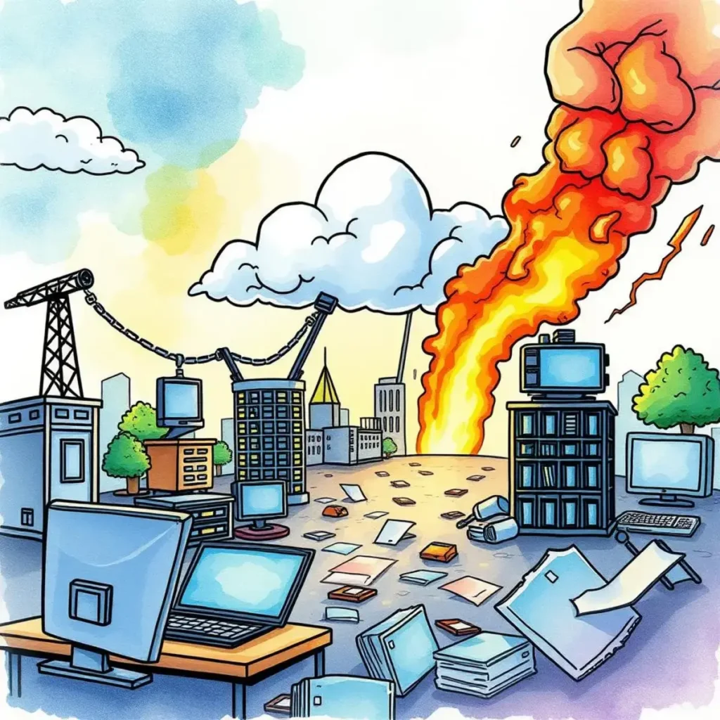 Disaster plan revision assistant: Simplify the review process for recovery strategies 1 Burning cityscape with computers and scattered papers, symbolizing disaster recovery efforts.