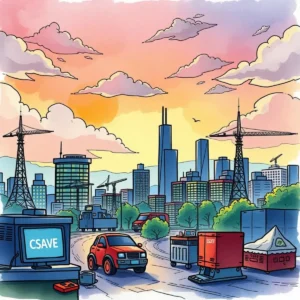 A vibrant cityscape illustrating disaster readiness efforts with vehicles, buildings, and a sunset backdrop.