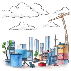 A professional examining a cityscape representing disaster recovery planning.