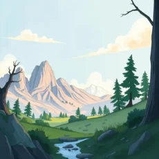 A serene mountain landscape with lush greenery and clear stream.