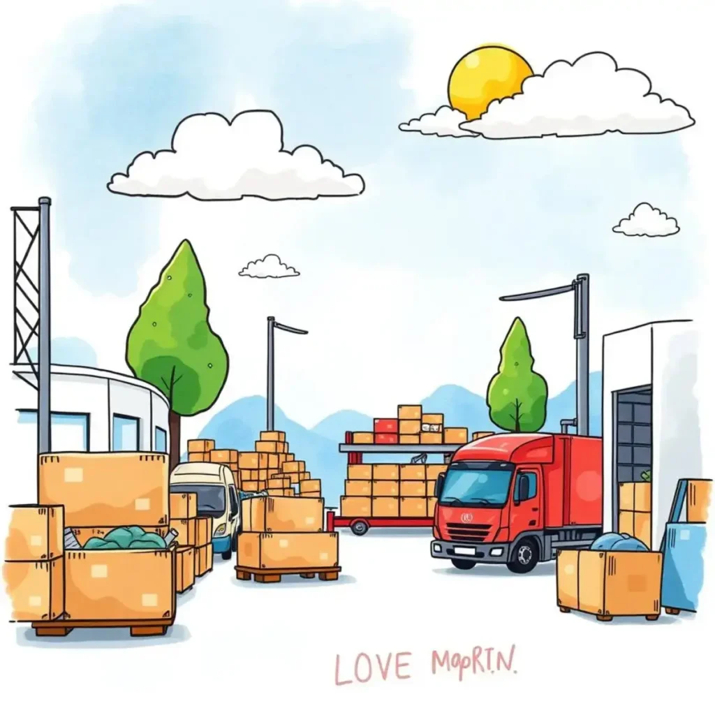 Cargo space allocator: Suggest optimal space usage for loads 1 Colorful illustration of a busy logistics yard with stacked cargo boxes.